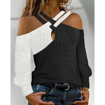 Женский текстурированный топ с перекрестным вырезом на плече, черно-белый принт, весенняя мода, женская повседневная футболка с длинным рукавом, сексуальная блузка