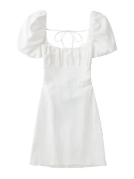 Женское белое Модное Льняное платье с квадратным вырезом, Короткими пышными рукавами, перекрещивающимися бретельками, Облегающее платье для женщин