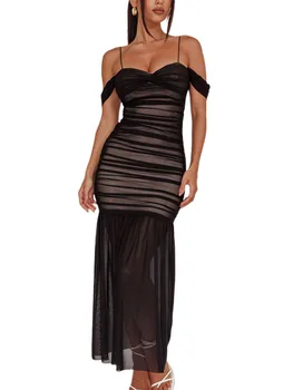 Женское Летнее платье-комбинация на тонких бретельках с открытой спиной, длинное платье из плиссированного тюля, коктейльное платье для вечеринки