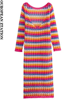 Женское платье с пайетками 2023, модное платье миди в цветную полоску, ришелье, сексуальное женское платье с открытой спиной и длинным рукавом, vestidos mujer