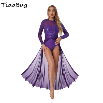 Женское сверкающее блестками танцевальное платье с длинным рукавом, прозрачные сетчатые платья в стиле пэчворк, костюм для выступлений