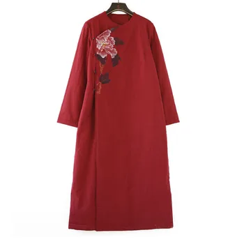 Женское хлопковое платье в стиле ретро, длинное льняное хлопковое платье в этническом стиле Дзен, хлопковое пальто, чайное пальто, зимнее пальто