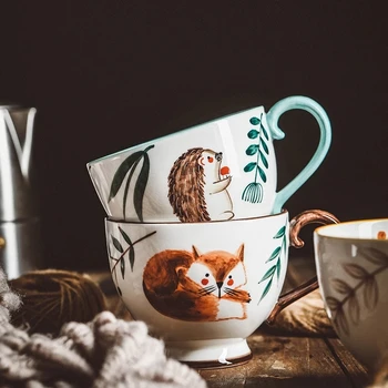 Керамические Кофейные Кружки с ручной росписью в Скандинавском стиле, Ретро-Чашка для завтрака, чая с молоком, сока, с ручкой, Бытовая Посуда для питья с лесными животными, Кухонные принадлежности