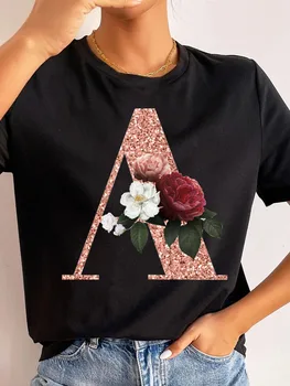 Комбинация букв с пользовательским именем, Модная Женская футболка из Розового Золота с цветочным Шрифтом A B C D E, Топы с коротким рукавом, Черная футболка, тройник