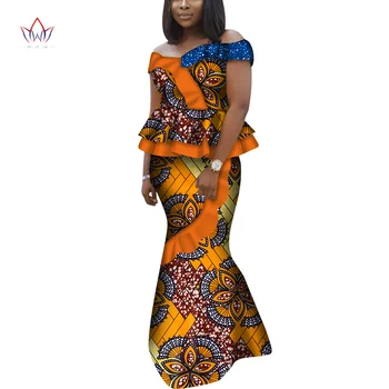 Комплекты топов и юбок с короткими рукавами и принтом в африканском стиле для женщин, африканская одежда Bazin Riche, комплект из 2 предметов с юбкой с открытыми плечами, WY6802