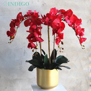 Композиция из искусственных цветов INDIGO-Real Touch, Красный фаленопсис, Орхидея, 5 Листьев, Ваза, Мох, Центральное украшение свадебной вечеринки, сделай сам
