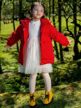 Короткая Толстая парка на 90% Белом Утином Пуху Красного Цвета в Корейском Стиле 2022, Новая Зимняя Детская Одежда с Милым Карманом в виде Сердечка, Детская Одежда от 3 до 8 лет
