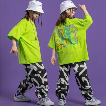 Костюмы для джазовых танцев для девочек, одежда в стиле хип-хоп, Свободная Футболка, брюки для бега, Одежда для Уличных Танцев, детский костюм для современной сцены