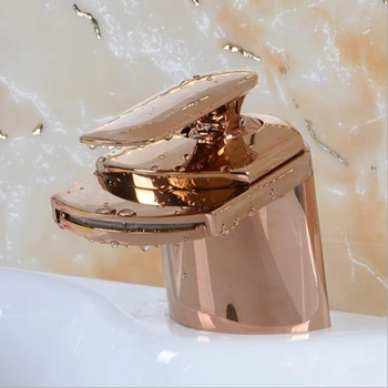 Кран с водопадом из розового золота для раковины в ванной комнате, ручка из белого золота, смесители для горячей и холодной воды из твердой латуни, кран для монтажа на бортике