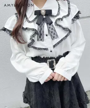 Кружевная рубашка Rojita Lolita Mine в Японском стиле с оборками и открытыми плечами, Весенне-летняя милая блузка с длинными рукавами и бантом для девочек, топы