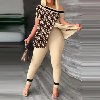 Летний модный комплект из двух предметов с принтом, женская футболка с открытыми плечами и коротким рукавом, Леггинсы, Тонкий женский костюм из 2 предметов