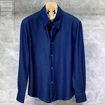 Летняя Британская Джинсовая синяя Универсальная повседневная рубашка, Модная мужская рубашка в стиле Ретро с заостренным воротником и длинными рукавами Camisa Social Masculina