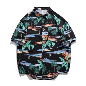 Летняя Новая Гавайская мужская рубашка с коротким рукавом и кокосовым принтом, Свободные Повседневные Пляжные дышащие топы для отдыха, Мужские размеры s EU S-XXL
