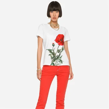 Летняя новая женская футболка из чистого хлопка с круглым вырезом и принтом с короткими рукавами Y2K, модная повседневная футболка с принтом роз на высокой улице, XL