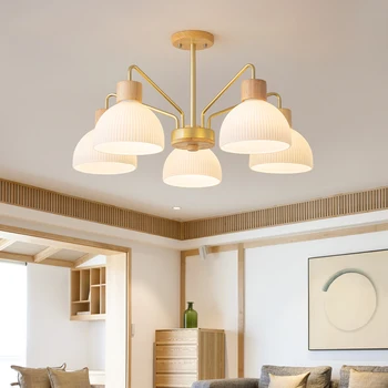 Люстра из скандинавского дерева в японском стиле, гостиная, резиновый стеклянный абажур, люстра для спальни, простая лампа для столовой с лампочкой