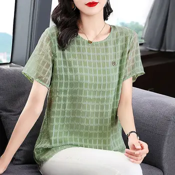 Модная повседневная однотонная футболка в клетку с круглым вырезом, Женская одежда, летние женские корейские универсальные топы с коротким рукавом
