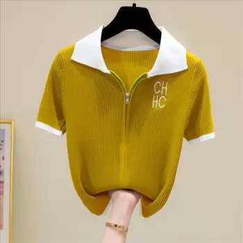Модная Свободная рубашка с вышивкой на молнии и буквами, Женская одежда 2023, Летние новые повседневные топы, корейская блузка с коротким рукавом