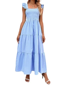 Модное Длинное платье с длинными рукавами и Квадратным вырезом, Эластичные платья, Женская летняя однотонная одежда Трапециевидной формы
