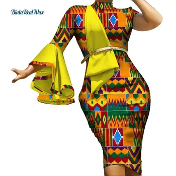 Модное Прямое Платье с Оборками на Рукавах, Драпированное, Bazin Riche, Платья с африканским Принтом для Женщин, Африканский Дизайн Одежды WY3439