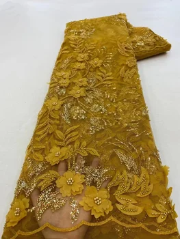 Модные африканские тюль вышитая кружевная ткань с 3D цветы блестки нигерийские бусы из бисера кружева для свадебное платье шитье