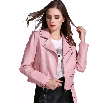 Модные Осенне-зимние Женские куртки из искусственной кожи, женская Мотоциклетная верхняя одежда-бомбер из искусственной кожи, Тонкое Короткое пальто в стиле панк с поясом, Черный, розовый