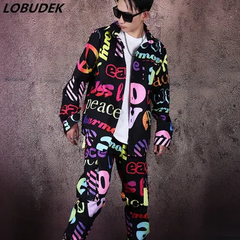 Мужская рубашка с буквенным принтом, шаровары, комплект из 2 предметов, костюм в стиле панк-хип-хоп, Модный мужской костюм для ночного клуба DS