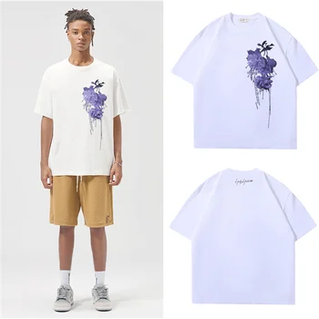 Мужская футболка Yohji Yamamoto Y-3 2023, Японская Летняя Футболка С фиолетовым Цветочным Принтом, Непринужденные Хлопковые Топы с коротким рукавом Для мужчин и женщин