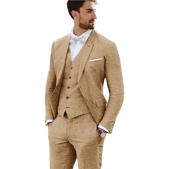 Мужской льняной костюм из 3 предметов, однобортный винтажный приталенный блейзер для выпускного вечера + брюки, модный смокинг для жениха