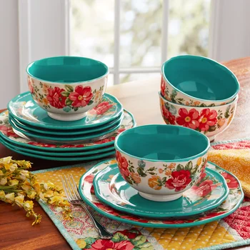 Набор посуды Pioneer Woman в винтажном цветочном стиле из 12 предметов, набор тарелок и блюд для ужина в бирюзовом цвете