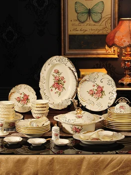 Набор посуды, миски и тарелки, бытовая европейская роскошь, на 6 персон, 10 керамических мисок, палочки и тарелки для еды