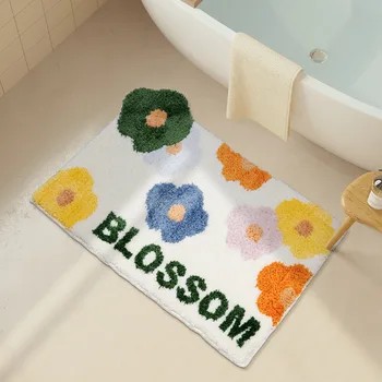 Нескользящий коврик для ванной, Мягкий ворсистый ковер с цветочным рисунком, Впитывающий коврик для ванной, Коврик для пола в гостиной, Эстетический декор, Коврики