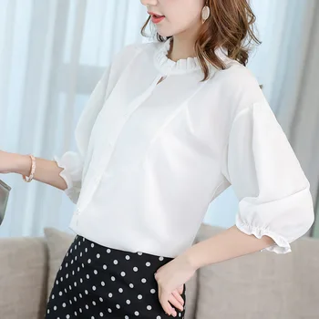 Новая корейская женская шифоновая нижняя блузка, Офисная женская рубашка чистого цвета с длинным рукавом, женский Весенне-летний топ со стоячим воротником H9111