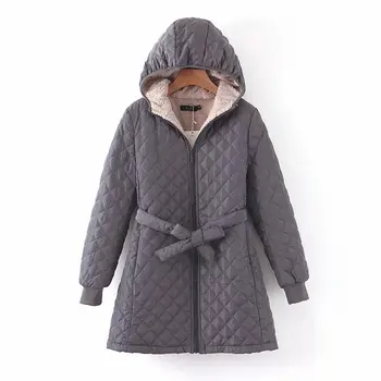Новинка Зимы 2023, Легкое Хлопчатобумажное пальто с капюшоном и длинными рукавами Средней длины, облегающее Хлопчатобумажное пальто с резьбовыми манжетами для женщин