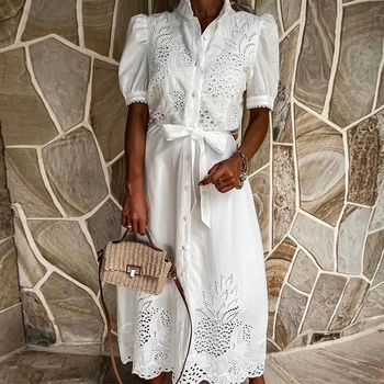 новое летнее женское повседневное модное универсальное белое платье миди с длинными рукавами и бантом на поясе, вышитое