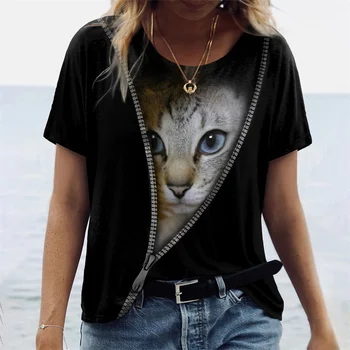 Новые модные женские футболки с 3D принтом животных, топы, футболка с коротким рукавом, летние футболки с рисунком Кота Каваи, Свободная одежда большого размера