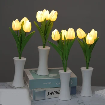 Ночник в виде тюльпана, светодиодный, имитирующий цветы, прикроватная тумбочка для девочек, Украшение атмосферы спальни, теплая и красивая настольная лампа на батарейках