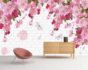 Обои Beibehang на заказ, розовая красивая фантазийная вишня, 3D кирпичная стена, ТВ-фон, стена, гостиная, настенная роспись спальни, 3D обои