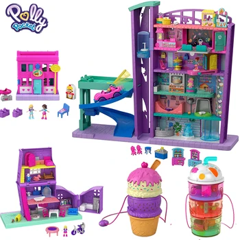 Оригинальный Polly Pocket Polly Mega Mall Кукольный Дом Аксессуары Мебель для Дома Игрушки для Девочек для Детей Игровой Набор Подарок для Торгового Центра