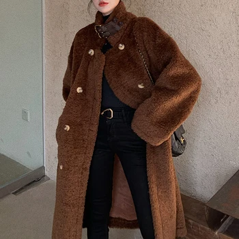 Осенне-зимнее женское Длинное пальто Из Модного искусственного меха, Плотное Теплое женское ретро-плюшевое пальто, Женское плюшевое Свободное пальто Большого размера