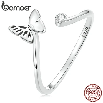 Открытое Кольцо с бабочкой Bamoer, аутентичное серебро 925 пробы, Новая модель, простое кольцо с прозрачным цирконием для женщин, подарок для ювелирных украшений
