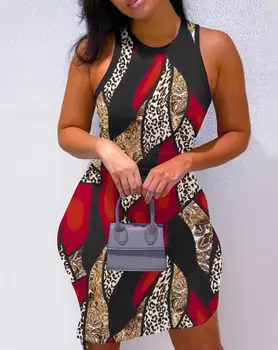 Платья для женщин, Лето 2023, Сексуальное Повседневное Облегающее мини-платье без рукавов с круглым вырезом и леопардовым принтом в стиле барокко