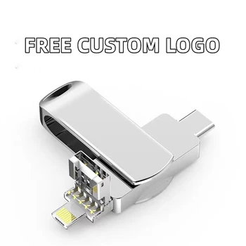 Пользовательский логотип, 4 В 1, Вращающийся металлический OTG флэш-накопитель, мобильный iPhone + Type-C + интерфейс USB3.0, 64 ГБ, 128 ГБ, карта памяти