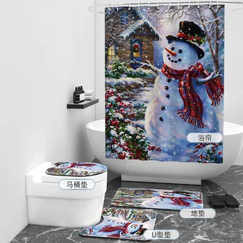Рождественский Снеговик с 3D принтом, Набор для ванной комнаты, Занавеска для душа, Набор ковриков Для ванной, Коврики для декора туалета, Коврик 01