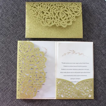 Роскошные золотые свадебные приглашения с блестками прозрачный конверт персонализированные вставки роза лазерная резка карманные приглашения на вечеринку