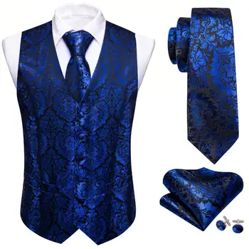 Роскошный Жилет для мужчин, расшитый шелком, жилет с синим цветком, галстук, Набор Запонок, Носовой платок, Деловой деловой костюм, Барри Ван