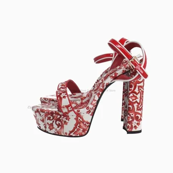 Сандалии с рисунком красного цвета, женская обувь с полым вырезом на каблуке и ремешком с пряжкой на щиколотке, Высокие массивные каблуки с открытым носком, модные Zapatillas Mujer