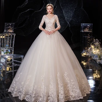 Свадебное платье 2021, новое роскошное сексуальное бальное платье с V-образным вырезом и коротким рукавом, кружевные свадебные платья принцессы, платья больших размеров