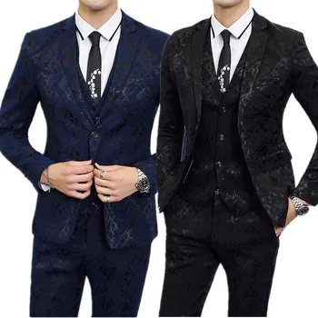 Синий Черный комплект из 3 предметов для мужчин (куртка + брюки + жилет), Мужские костюмы большого размера для свадебной вечеринки, Мужской блейзер, пальто, жилет, жилеты, брюки