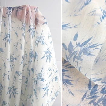 Ткань Шириной 130 см x 50 см, Синие Бамбуковые ветви и листья с рисунком, печать и окрашивание, Легкое модное платье-кардиган Hanfu