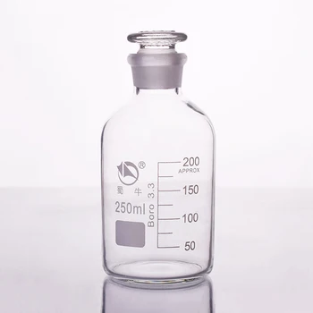 Флакон для реактивов, Узкое горлышко со стандартной пробкой из матового стекла, Прозрачный, стекло Boro. 3.3, Вместимость 250 мл, Флаконы для образцов